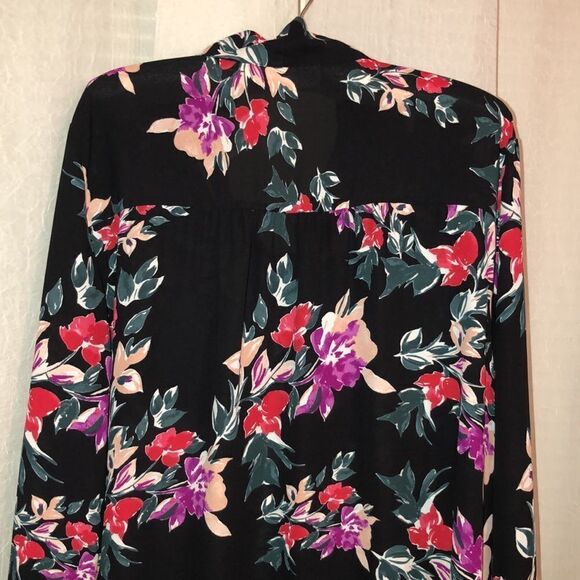 EVRI 2X Black Fuchsia Pink Green Wt Floral Neck Tie Long Sleeve Pullover Blouse - Picture 6 of 14